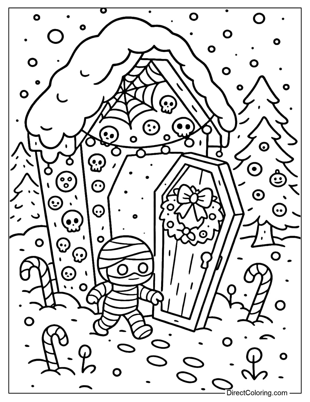 Coloring page of a snow-covered coffin-shaped house, decorated with candy, gingerbread and sparkling lights.