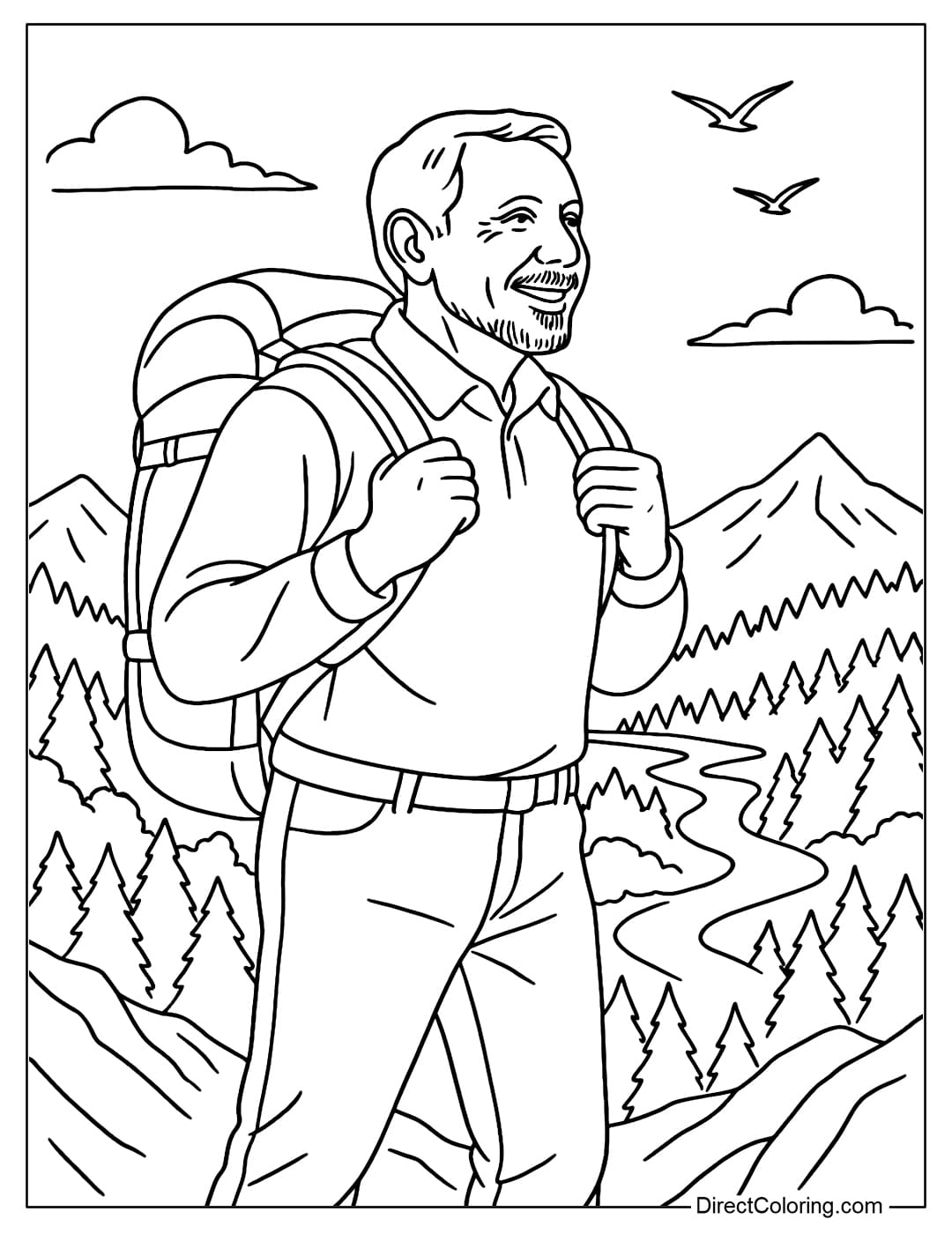 Larry Ellison at the Mountain Peak Coloring Page Larry Ellison coloring page wearing a large backpack, standing on the top of a high mountain. In front of him is a majestic natural scene.