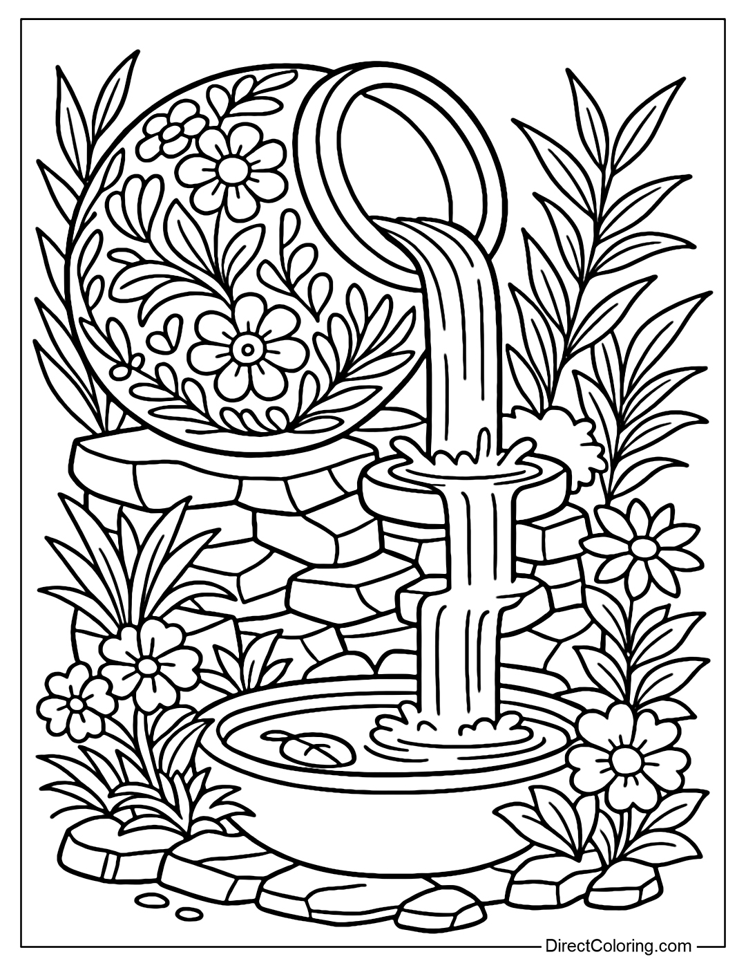 Coloring page of a ceramic pot painted with a colorful floral pattern pouring water down stone steps, lush foliage