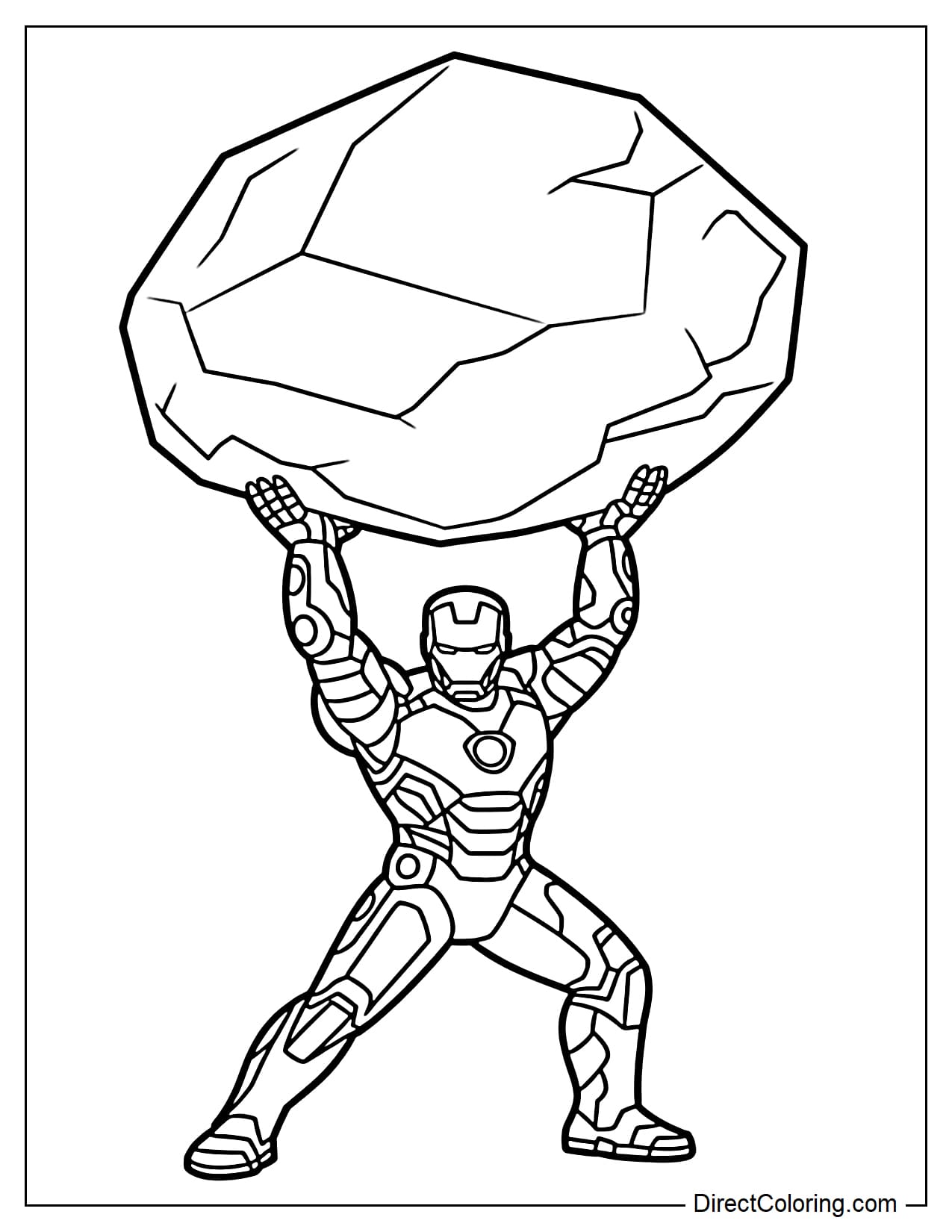Iron Man is lifting a large rock above his head.
