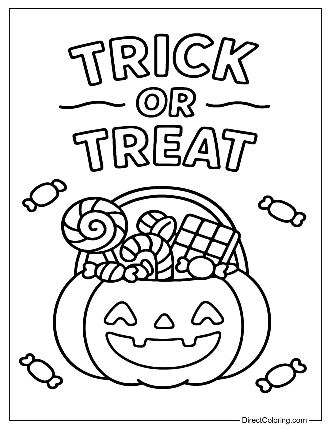 A pumpkin basket full of candy coloring page, with the words Trick or Treat on top.