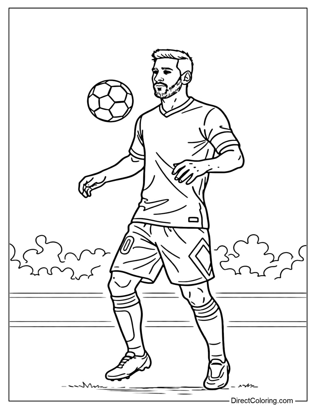Coloring page of Lionel Messi showcasing his refined ball control skills in the air.