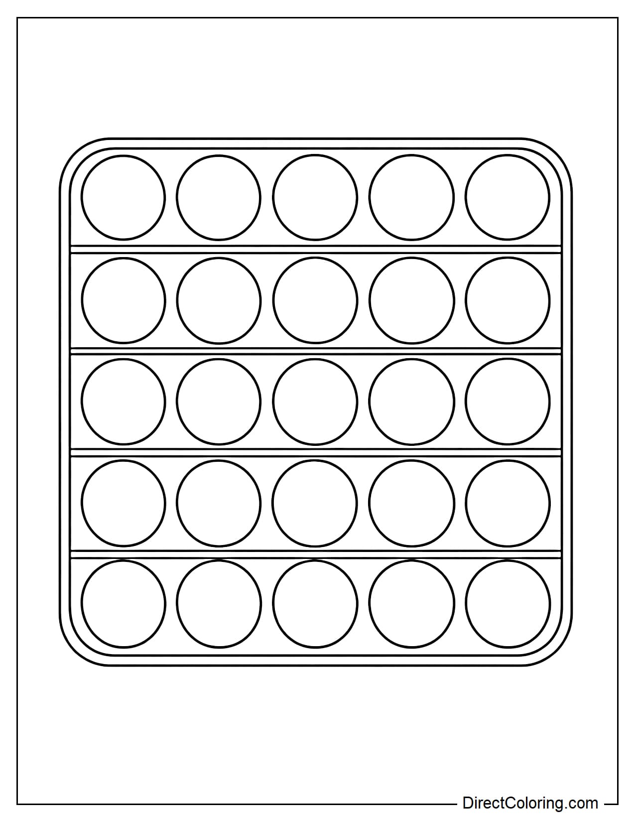 A square pop it with rows of large, evenly spaced bubbles arranged in a straight line.