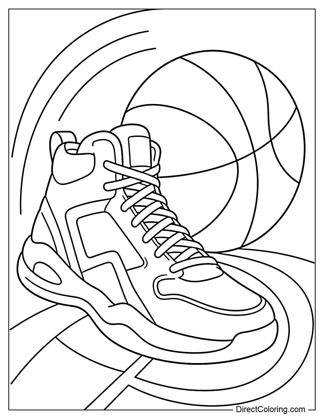 A pair of high-top basketball sneakers positioned at an angle beside a large basketball, with a few simple curved motion lines in the background.