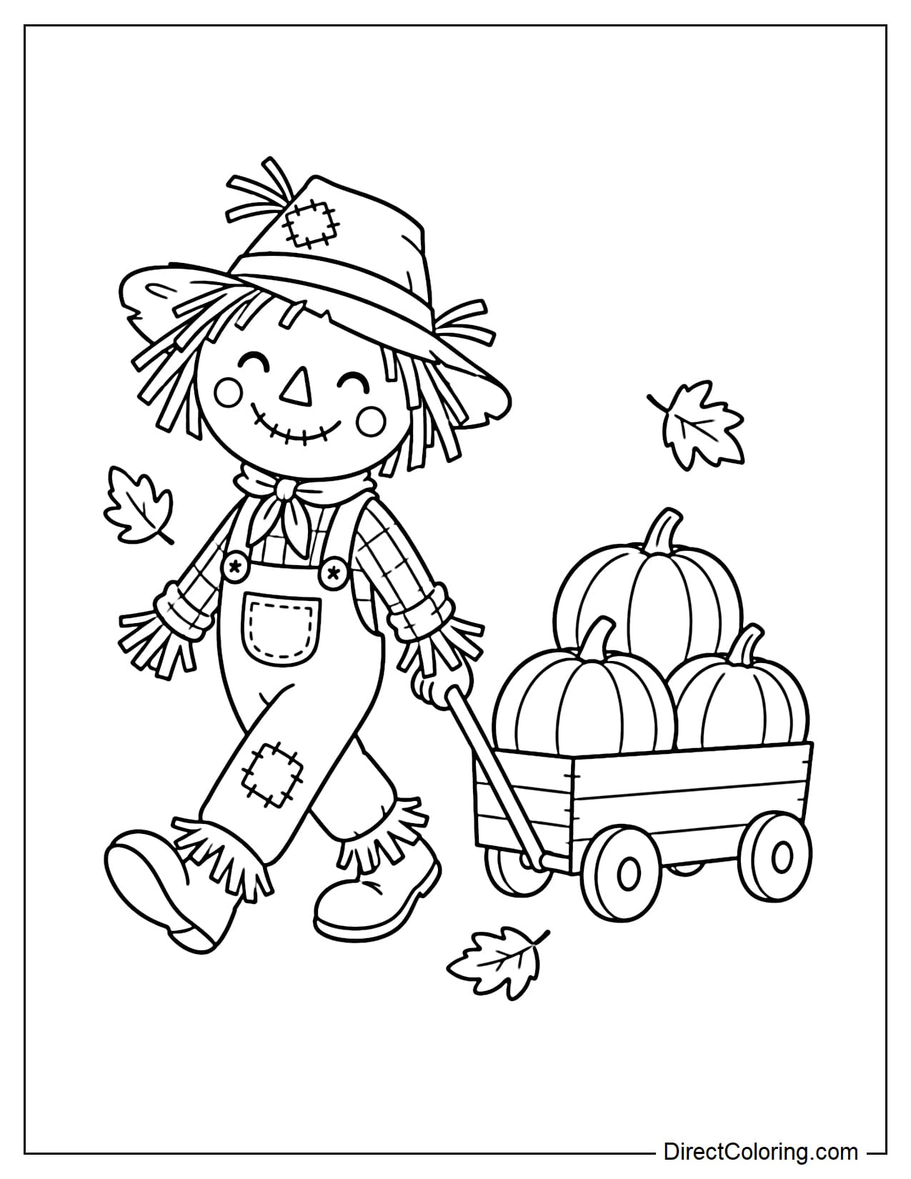 A cheerful scarecrow pulls a small wooden wagon carrying three large pumpkins, with its straw hat slightly tilted and a few autumn leaves scattered around.