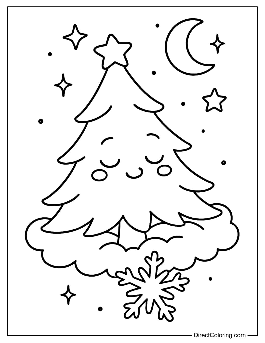 A sleeping Christmas tree coloring page on the clouds, with snowflakes next to it.