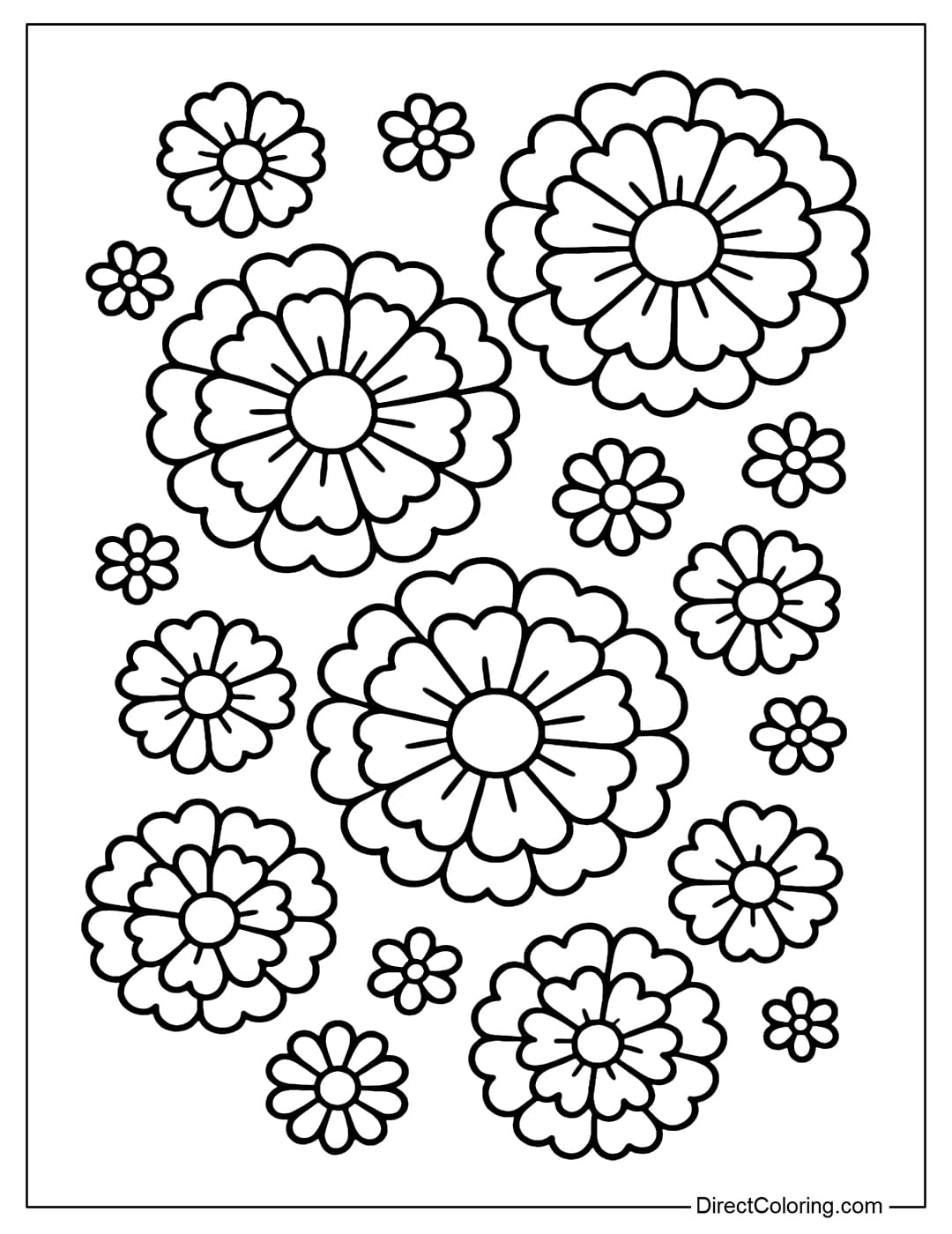 Skull coloring page with large and small marigolds interspersed, forming a cheerful flower frame.