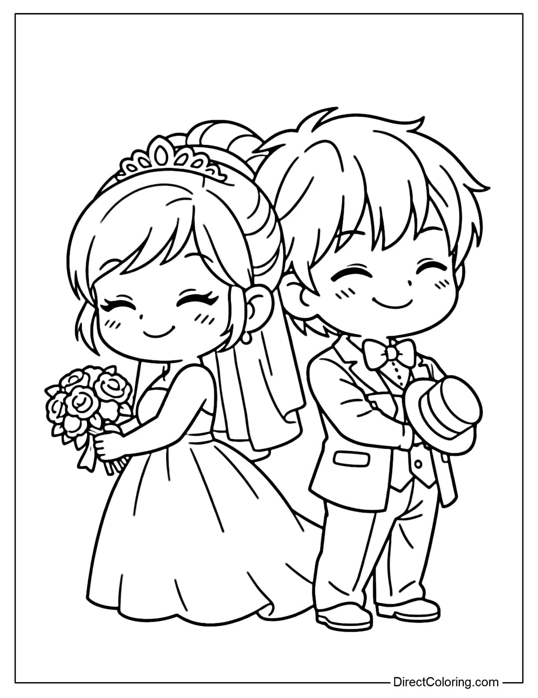 A coloring page showing a bride and groom leaning back-to-back, heads slightly tilted to the sides, creating an intimate and joyful feeling.
