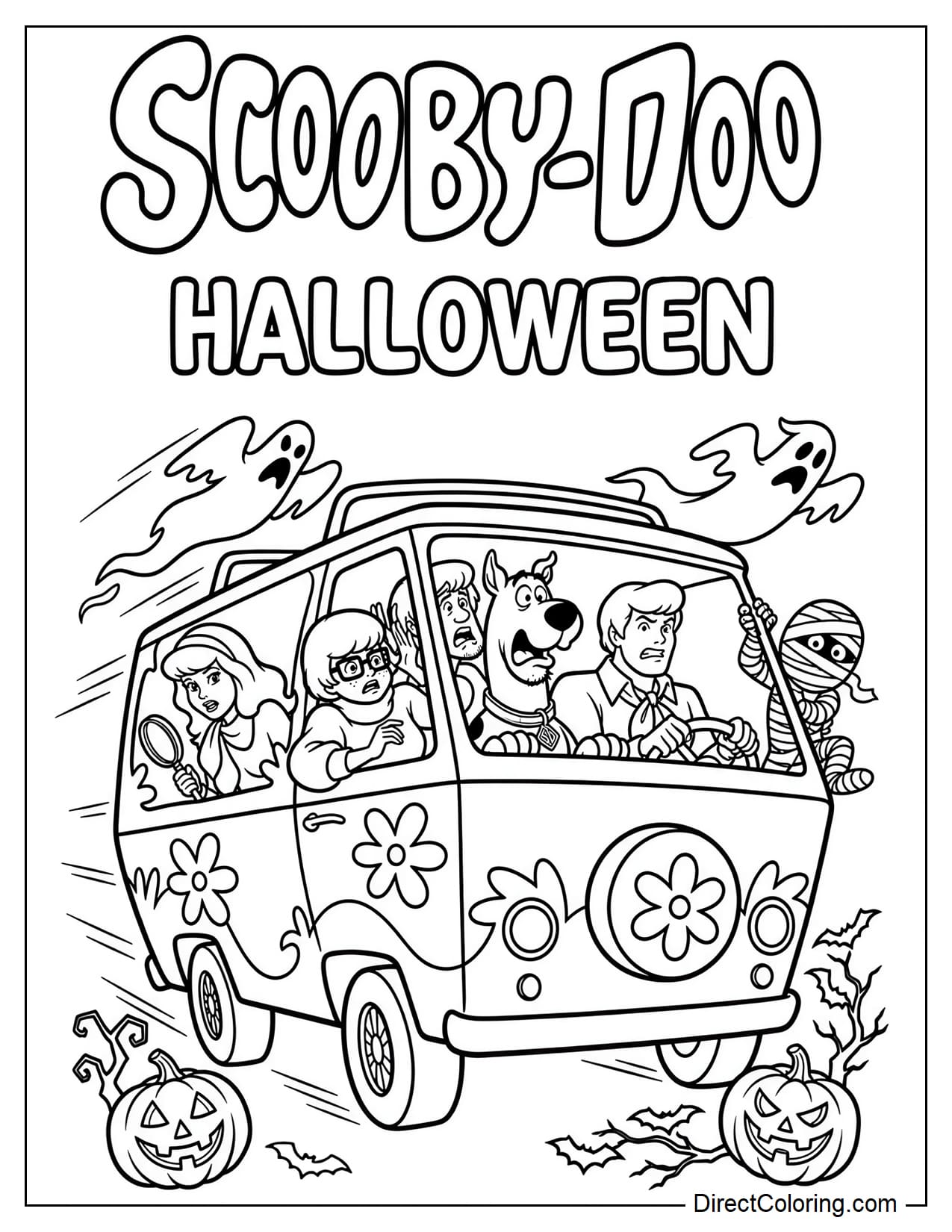 The Mystery Machine is shown from a side angle with Scooby-Doo, Shaggy, Fred, Daphne, and Velma inside. Friendly ghosts are floating around the vehicle, a small mummy is clinging to the side of the car, and two Halloween Jack-o'-lantern pumpkins are placed near the wheels. The words 