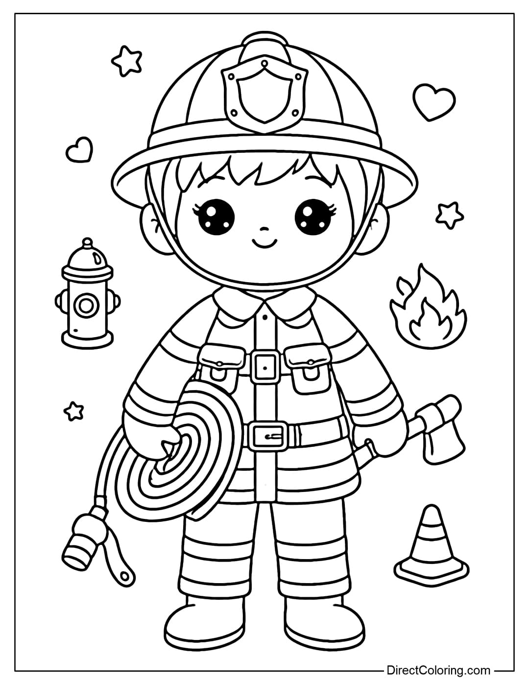 Coloring page of a firefighter standing upright in simple protective gear.