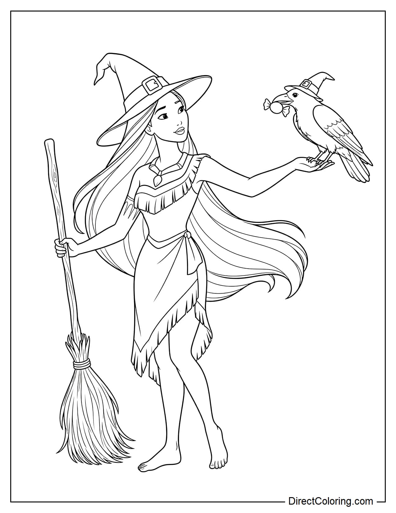 Pocahontas wears a witch hat and holds a witch's broom in one hand while extending her other arm forward, where a Halloween raven holding a small piece of candy in its beak is perched.