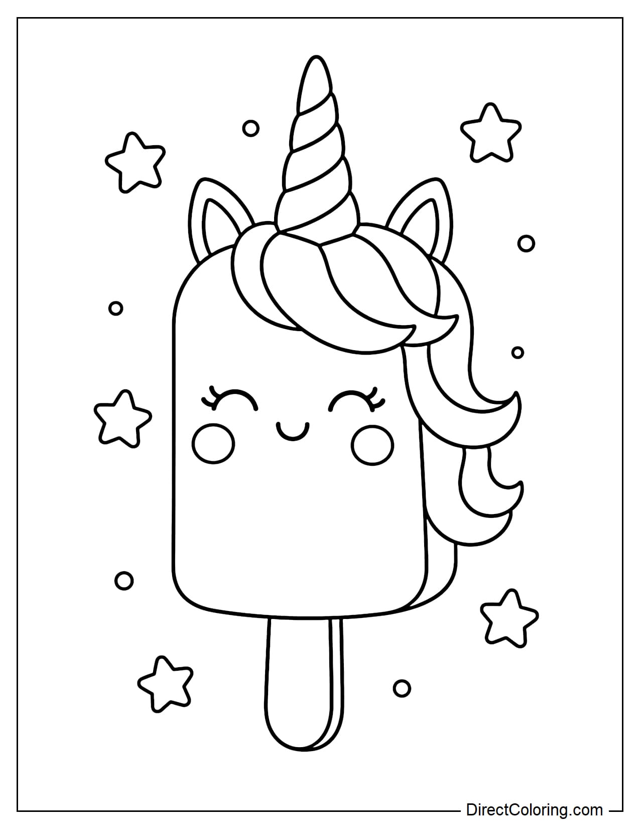An adorable unicorn-shaped popsicle with a large horn, soft mane, and a few stars around it.