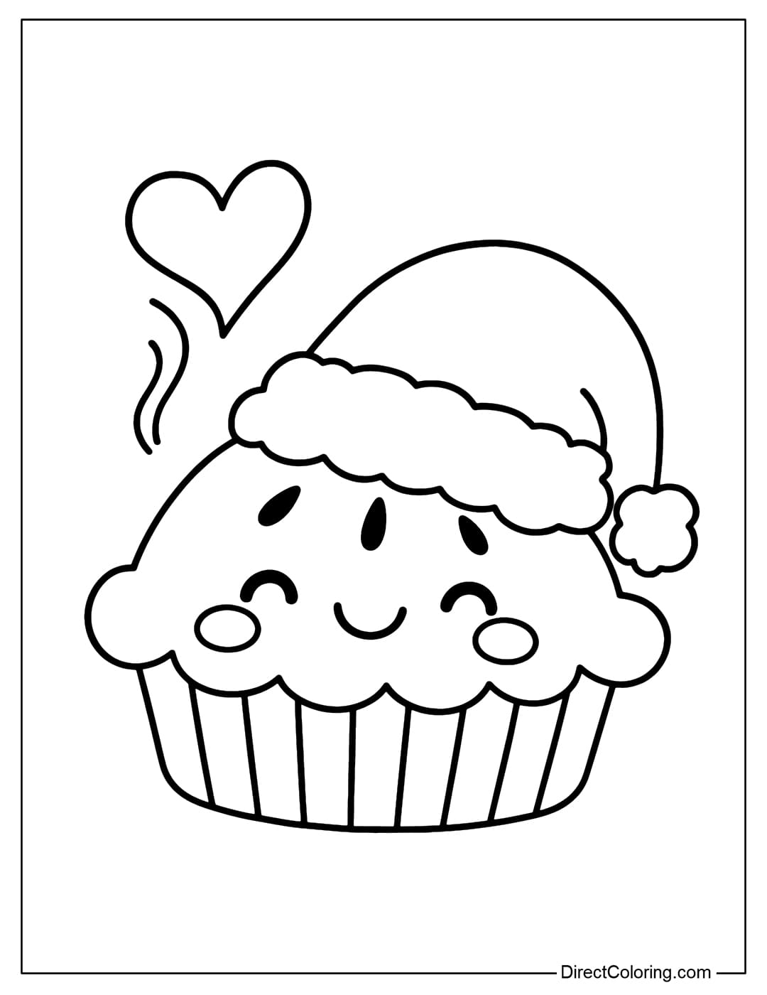A cute hot apple pie coloring page, with a smiling face, wearing a small Santa hat, and steam rising in the shape of a heart.