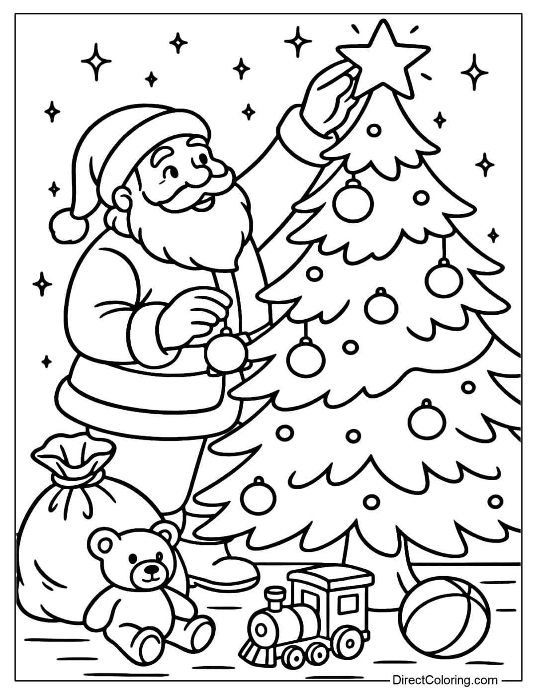 A coloring page of Santa Claus decorating a Christmas tree, hanging balls and stars on top of the tree, next to him are gift bags and a few toys.