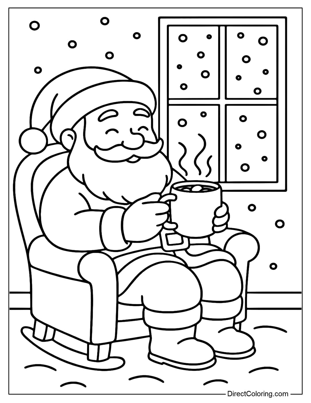 Cozy Santa with Hot Cocoa Coloring Page Coloring page Santa Claus sitting, sipping hot cocoa, snow falling outside the window.