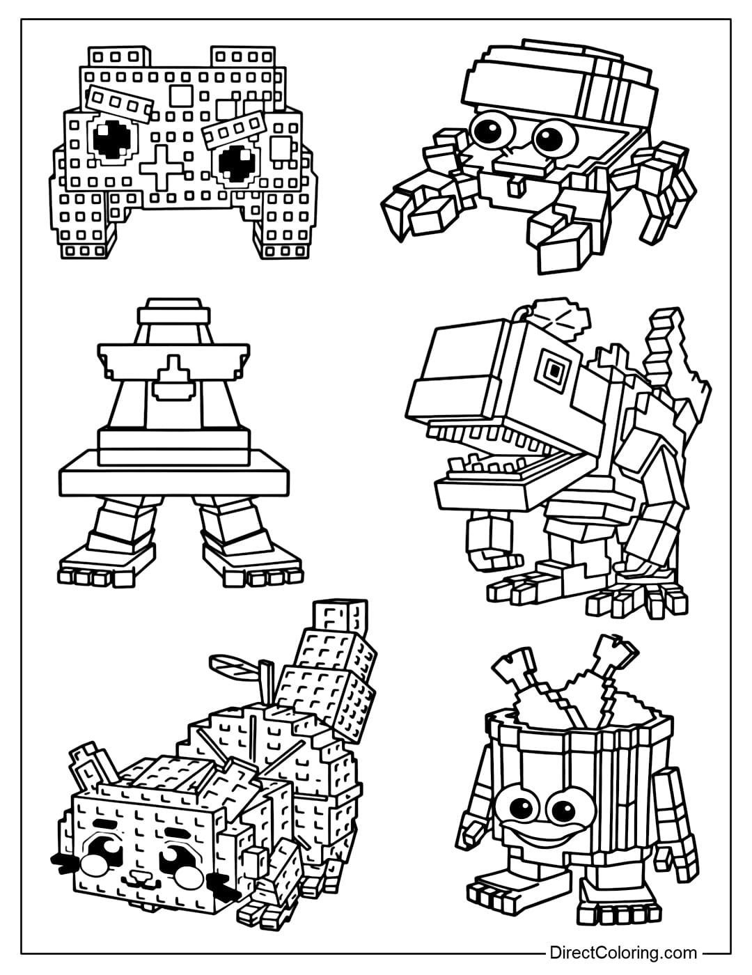 Coloring page of Cocolini Crabelo, Controllazzo, Conerio, Mangolodon, Lemowzio, Fritto Bucketino characters in the game Plants vs Brainrots Roblox.