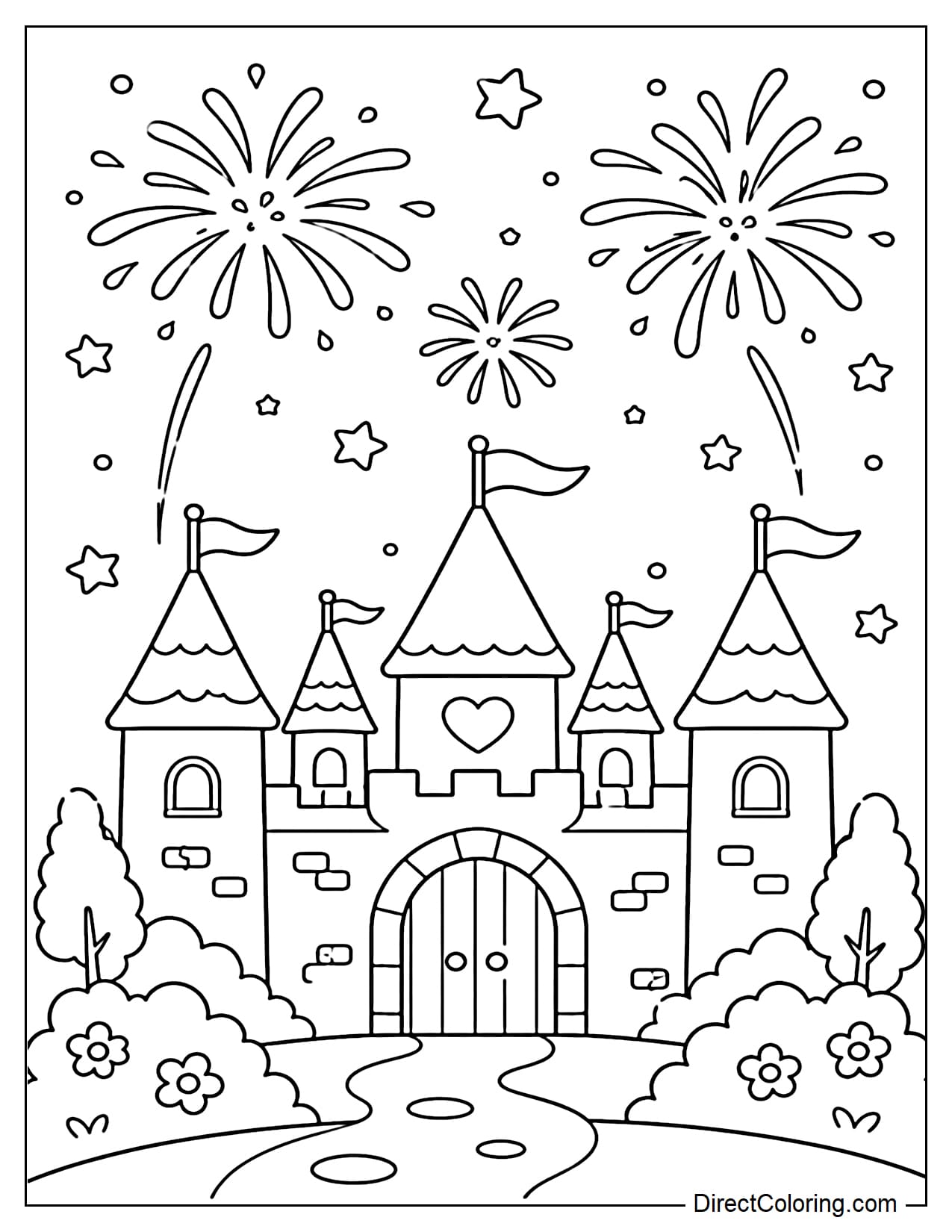 A small castle beneath a sky filled with dazzling fireworks, with a few stars and flags flying.