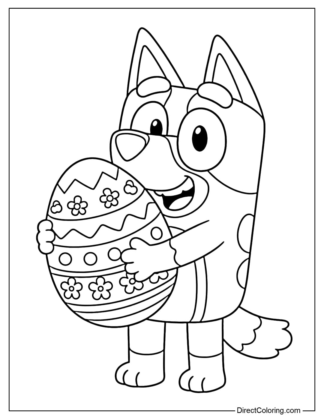 Coloring page of Bluey holding a large Easter egg.