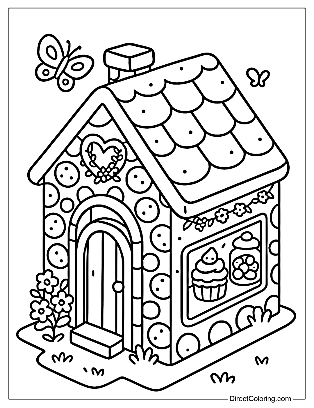 Isometric fairy tale bakery coloring page, candy wall, heart-shaped window with garlands; flying butterflies; magic cakes, marshmallows, layer cakes in the shop.