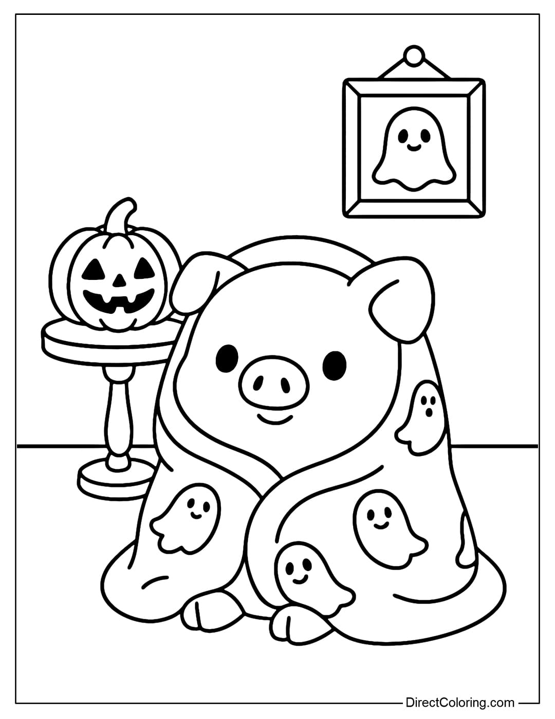 A ghost-shaped piglet coloring page, sitting in the middle of the room. There is a small table with a pumpkin lantern, a small ghost picture frame hanging on the wall, the atmosphere is fun and lovely.
