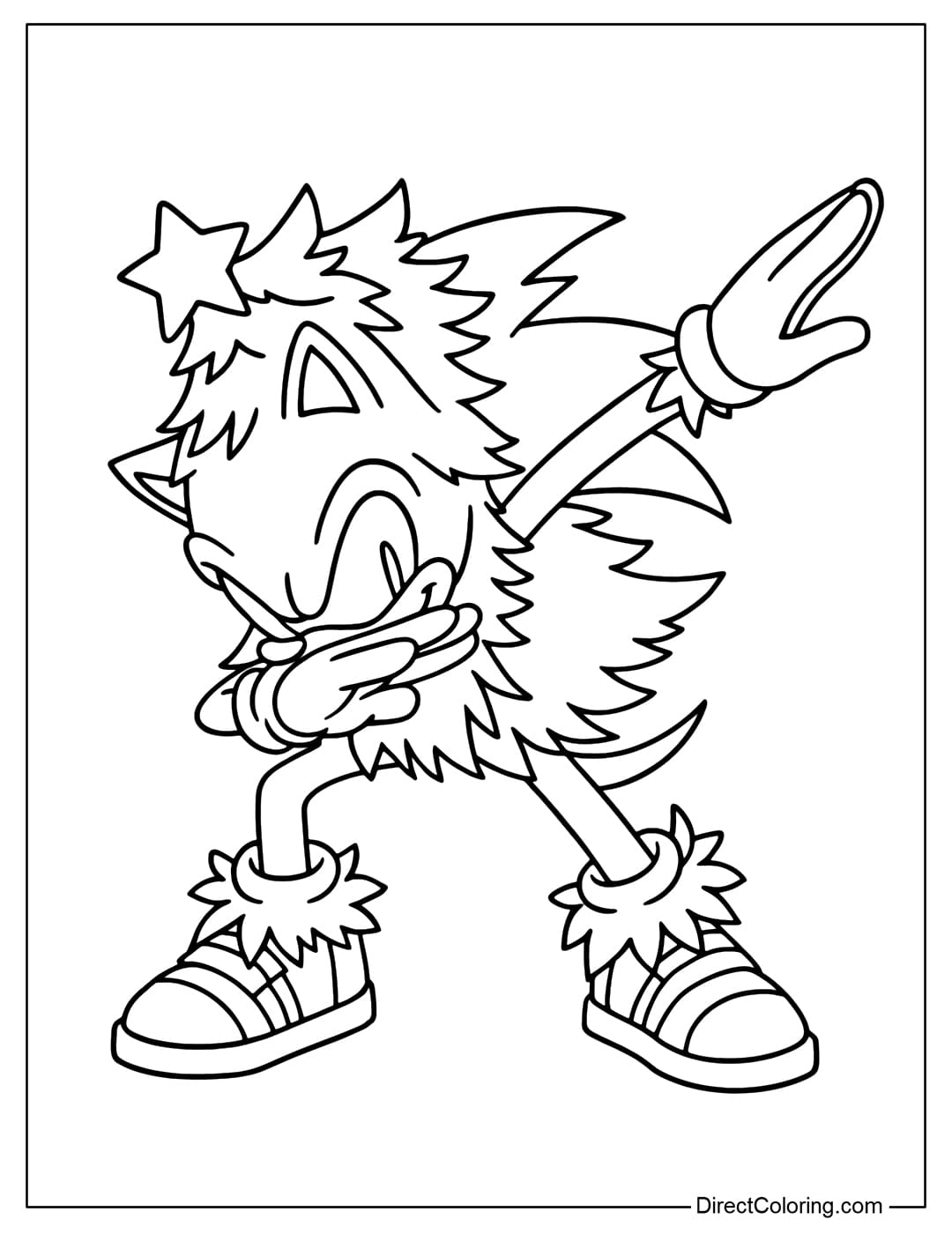 Coloring page Sonic striking a dab pose while dressed in fluffy Christmas accessories and a star-topped hairstyle.