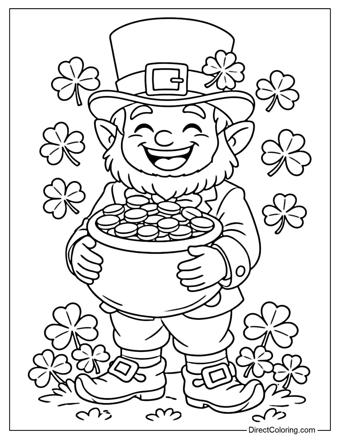 A coloring page of a smiling Leprechaun holding a pot of gold full of coins, surrounded by lucky four-leaf clovers.