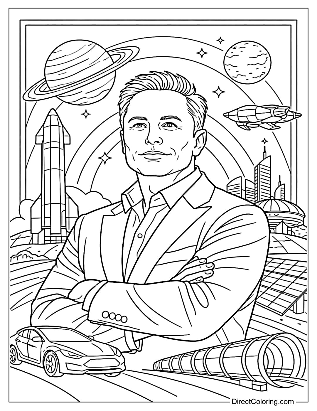 A poster-style Elon Musk coloring page surrounded by technology and space symbols.