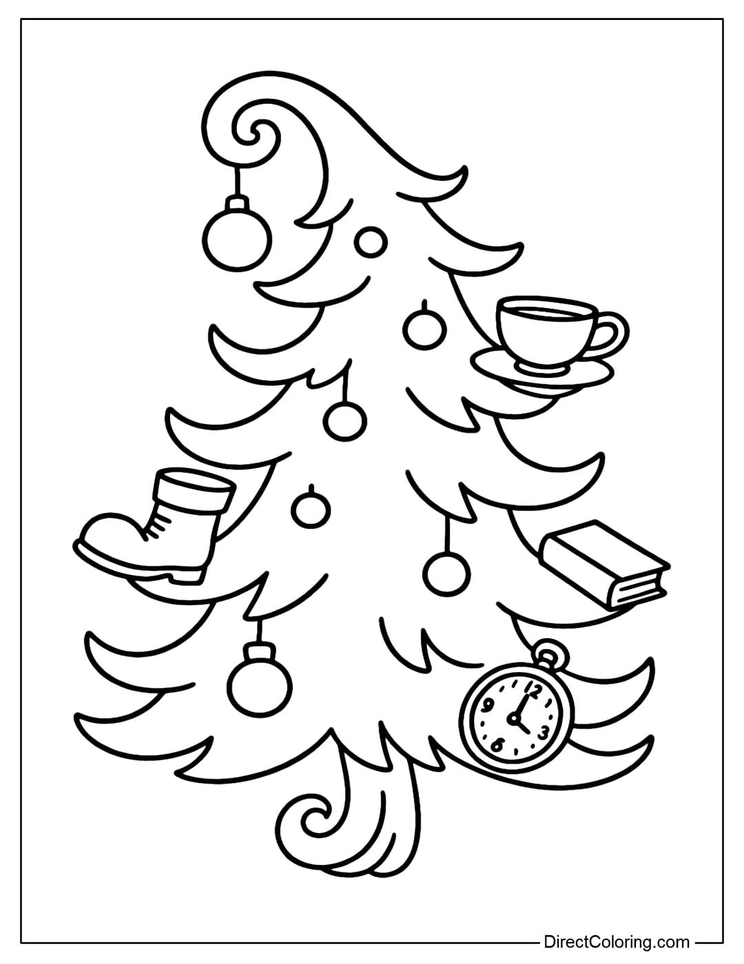 A strange, tilted, twisted Christmas tree coloring page decorated with objects like shoes, teacups, books, and clocks.