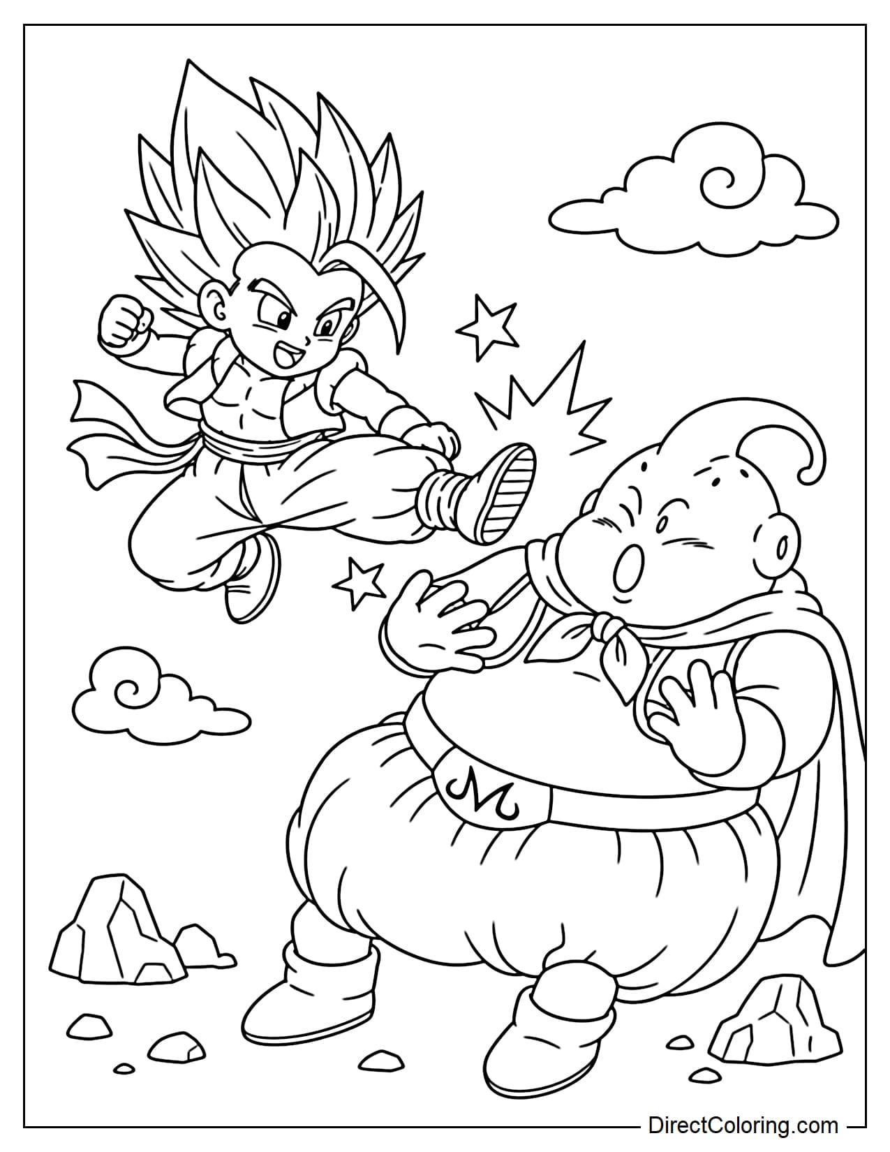 Super Saiyan Gotenks is fighting the obese Majin Buu. Gotenks is lunging diagonally to deliver a kick. Majin Buu is leaning back to dodge the attack.