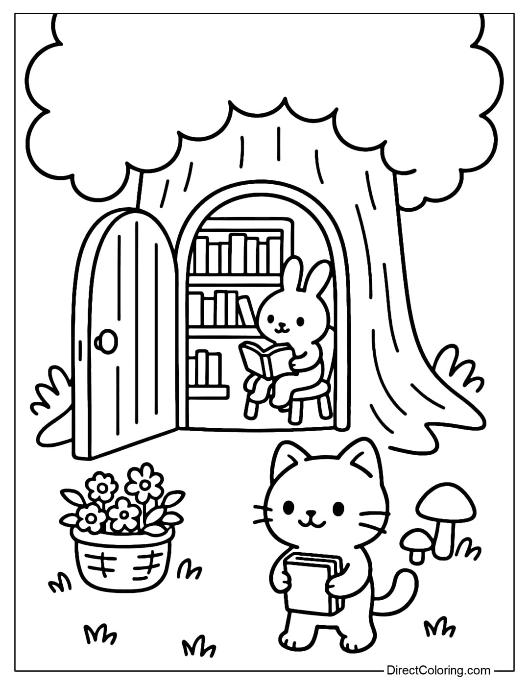 Stump Library Coloring Page A tree stump library coloring page, a little rabbit reading a book, a wooden bookshelf.