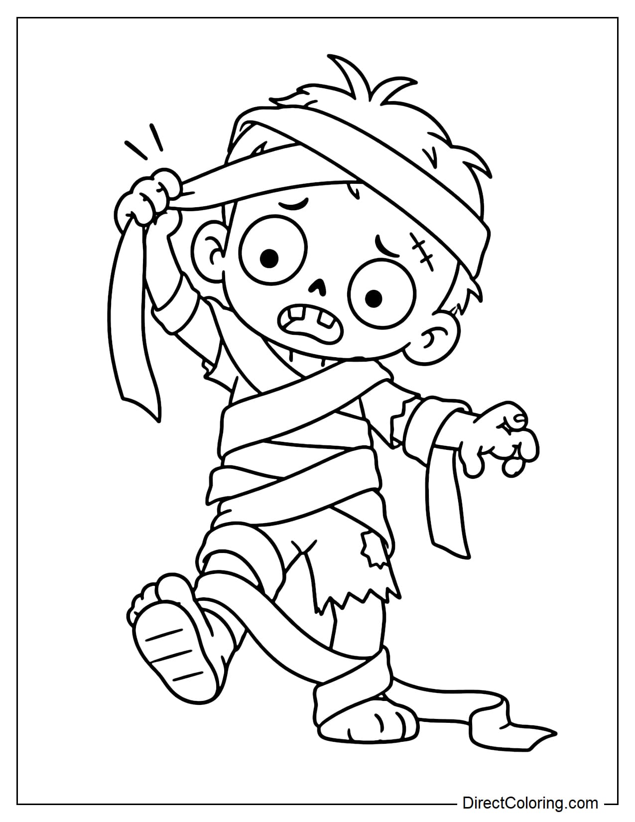 A little zombie is tangled in mummy bandages, trying to pull one loose end free with one hand.