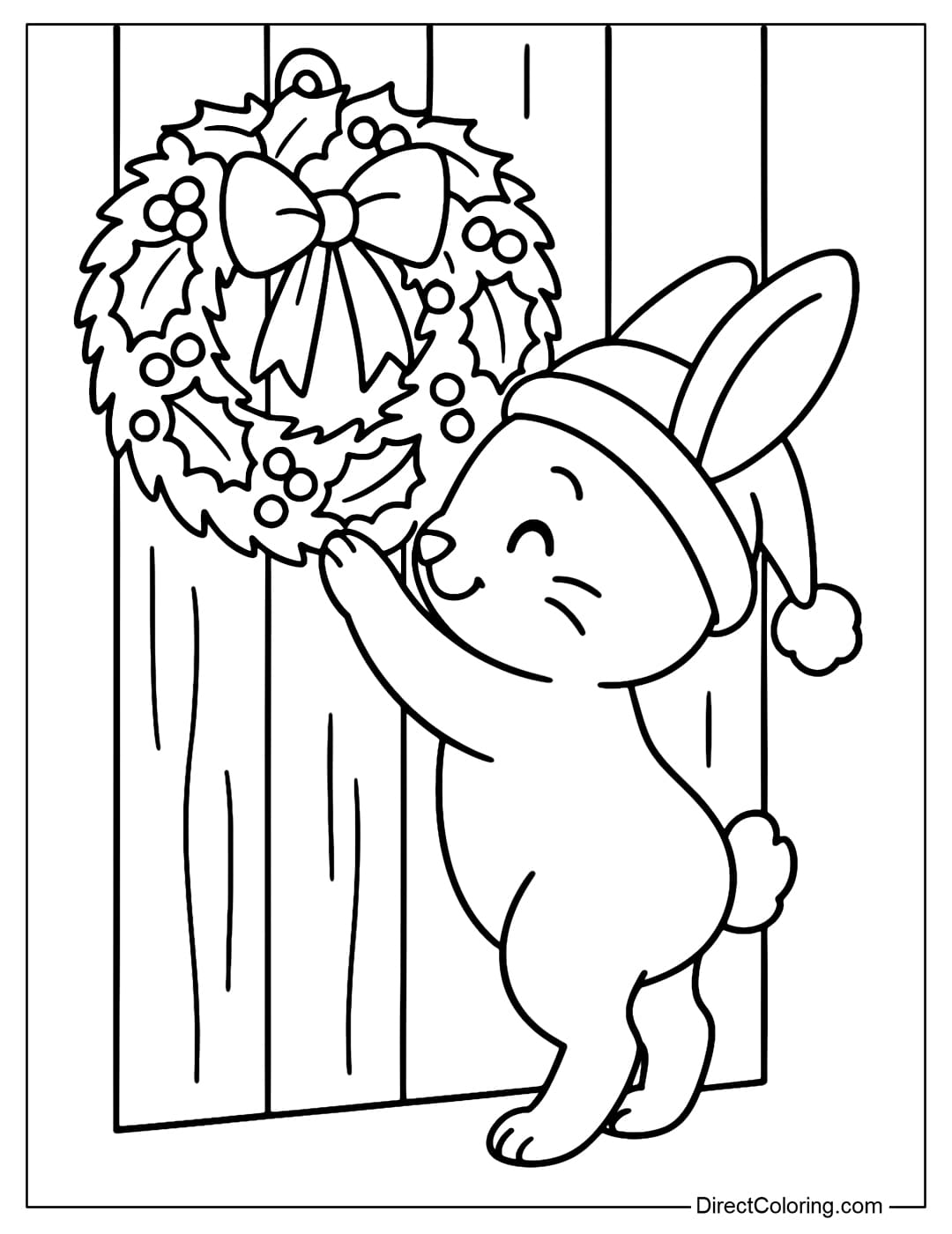 A bunny coloring page wearing a Santa hat, standing on tiptoe to tie a bow for a laurel wreath hanging on a wooden door.