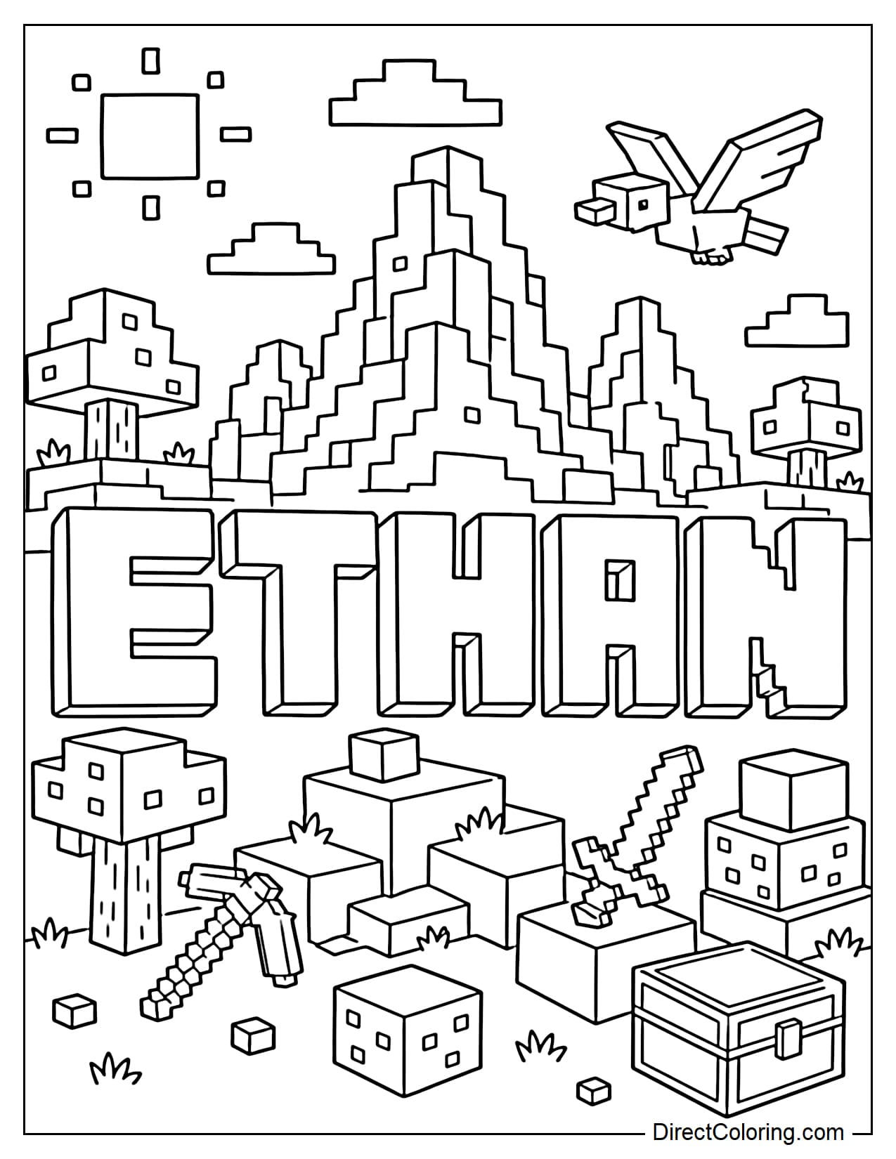 Ethan's name is written in large block letters, surrounded by a pixelated building world with block trees, mountains, pickaxes, swords, and stacked blocks in the style of Minecraft.