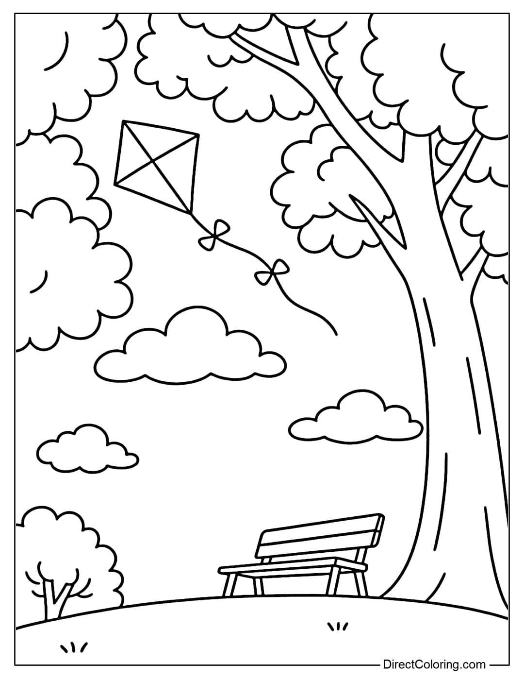 A coloring page looking up from the bottom of the park, the shadow of a large tree with dense green leaves, through the gap you can see kites flying and white clouds drifting.