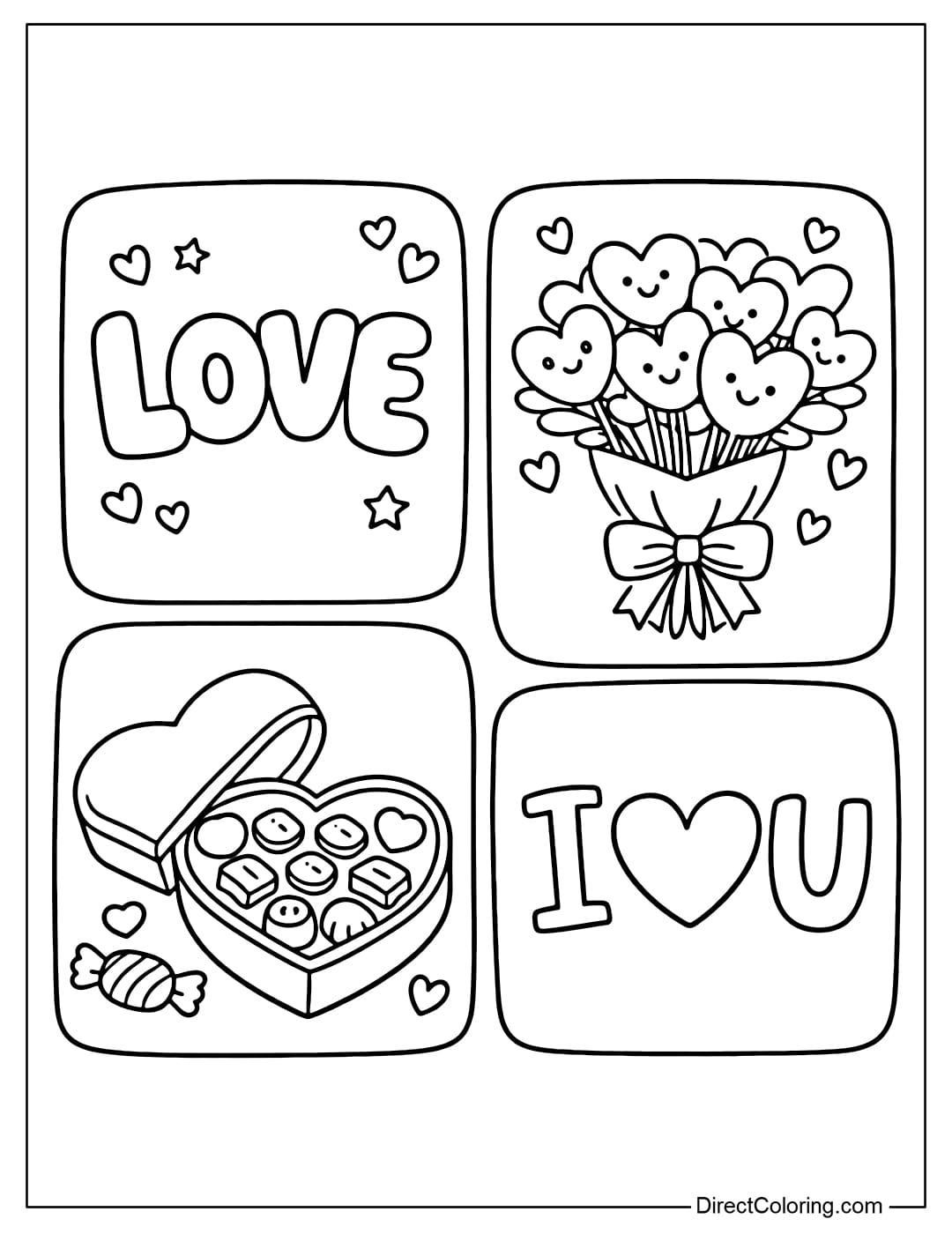 A Valentine's Day coloring page with four squares, each containing a sweet message: the word LOVE, a heart-shaped bouquet, a heart-shaped chocolate box, and the words I love U.