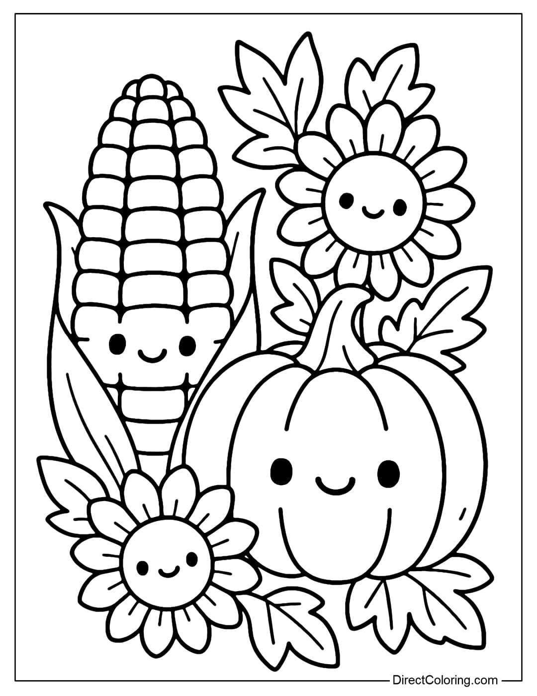 Corn and Pumpkin Coloring Page a yellow corn coloring page placed next to a pumpkin, with leaves and small sunflowers around it.