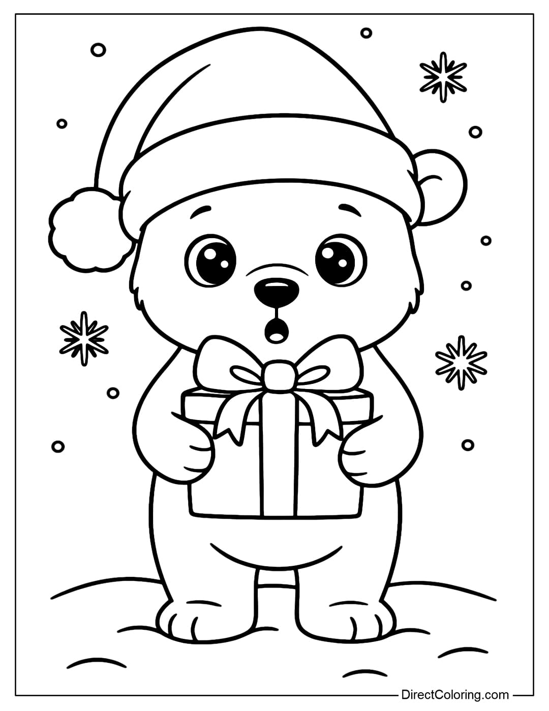 Coloring page of a baby polar bear wearing a big Santa hat, holding a gift box with a big bow, standing on a snowy background.