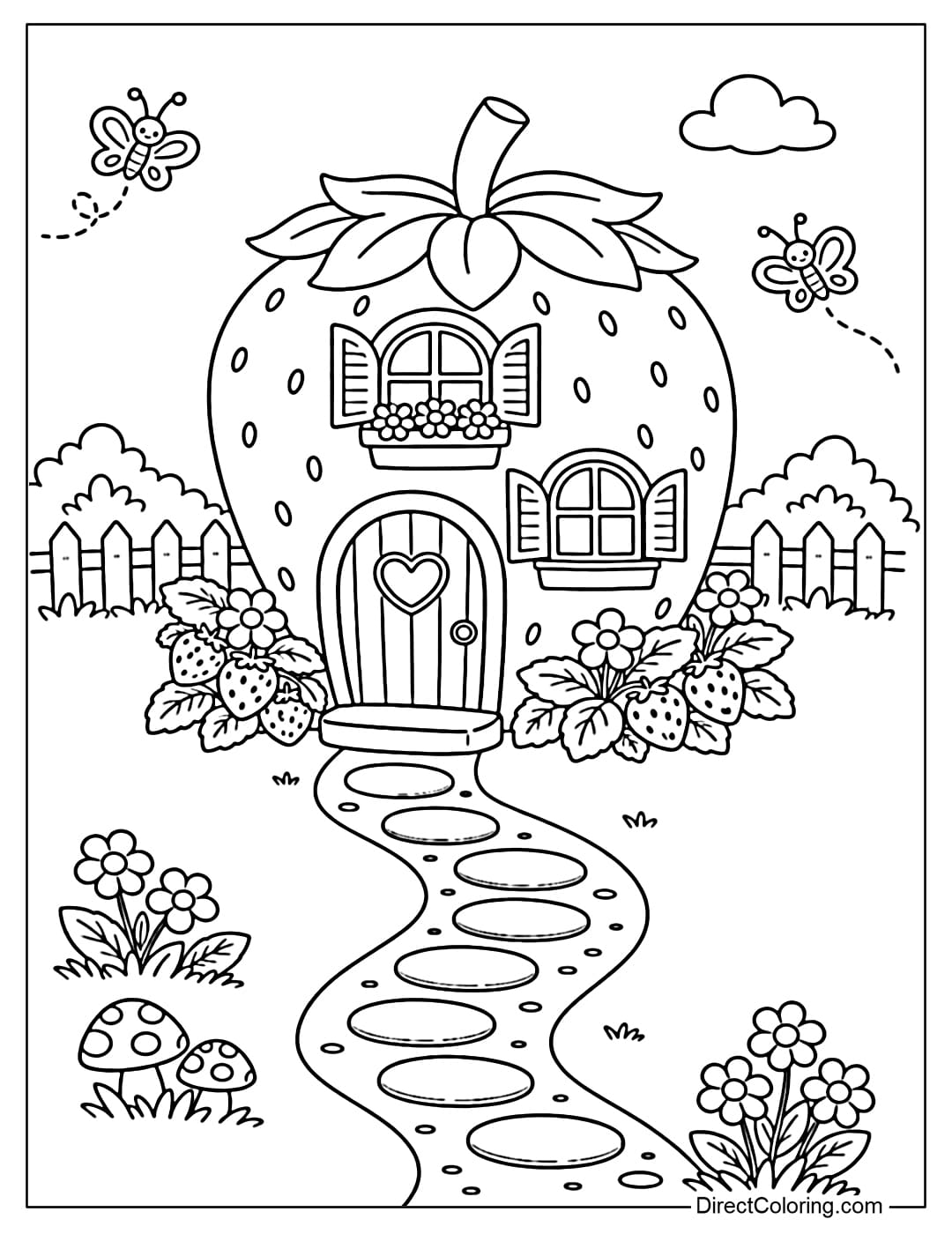 A coloring page of a strawberry-shaped house with windows and doors, and butterflies flying around.