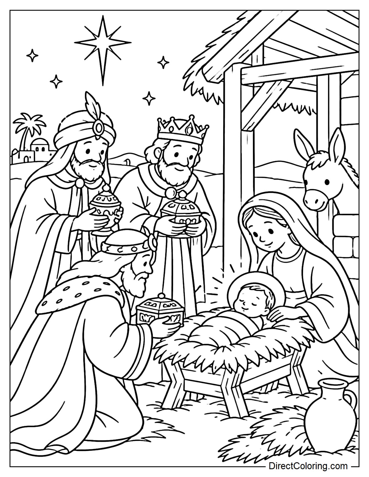 The Three Wise Men kneeling and standing before Baby Jesus to present gifts of gold, frankincense, and myrrh, with Baby Jesus lying in the manger and Mary sitting beside him.