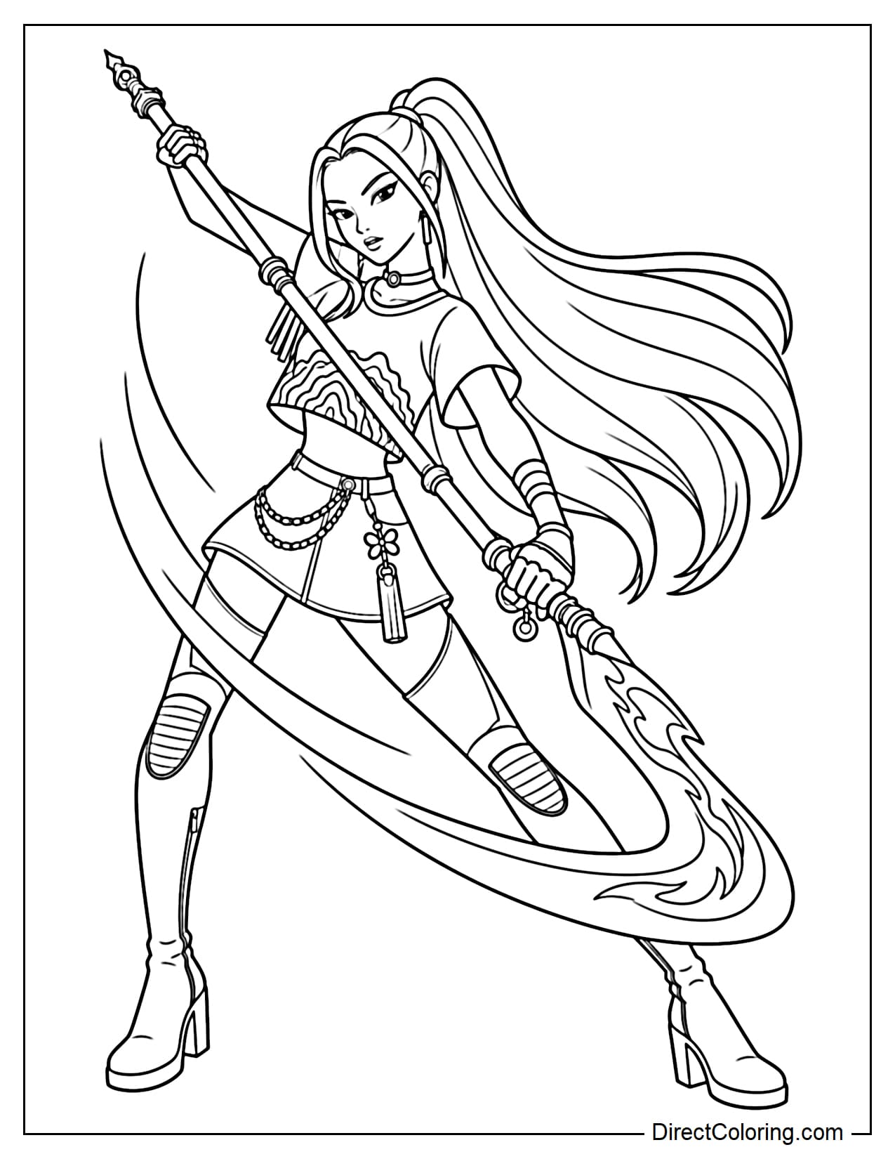 Mira is shown in a dynamic action pose, using both hands to swing her long demon hunter weapon in a wide curve in front of her body. Her long hair moves naturally with the action.