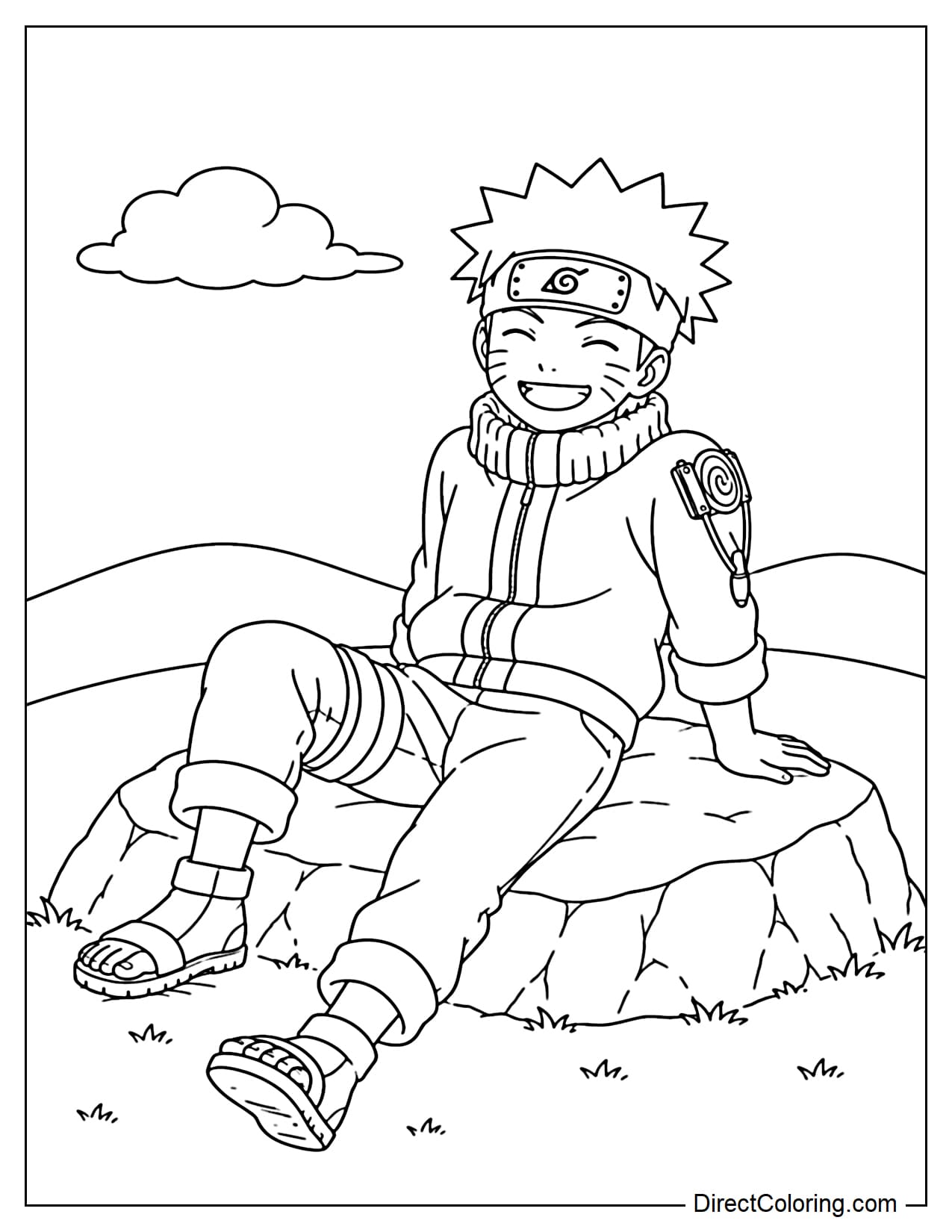 Naruto is sitting on a rock, hands behind his back, laughing comfortably, with small clouds behind him.
