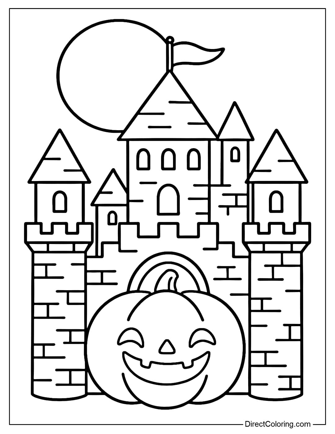 A coloring page of a Halloween castle with a pumpkin at the gate, a fluttering flag above, and a ghostly full moon.