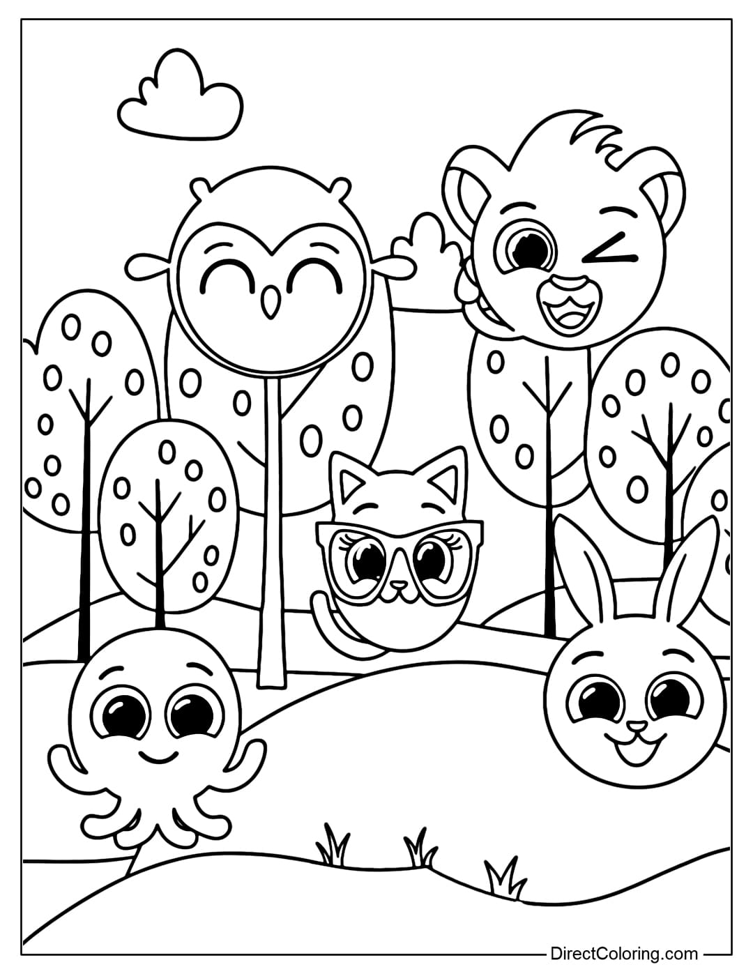 Coloring page of Rick, Pow, Sophie, Bunny, Pipi playing in the forest.