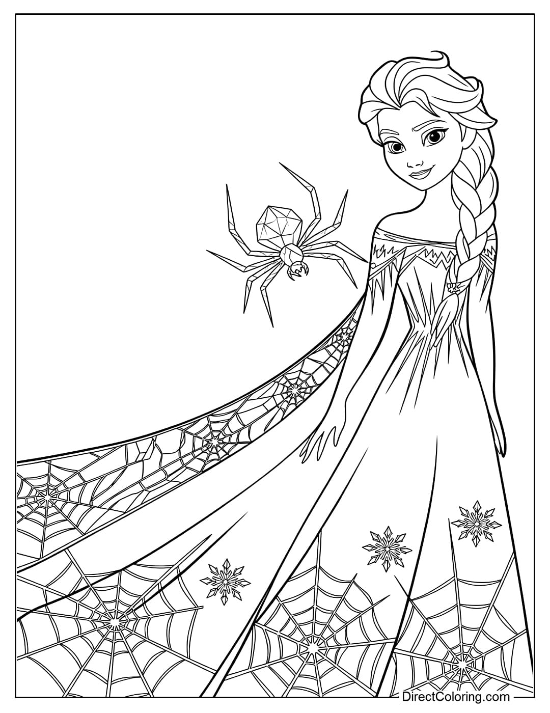 Coloring page Elsa wears a long dress decorated with ice spider webs, and her shoulders have snowflakes combined with spider silk.