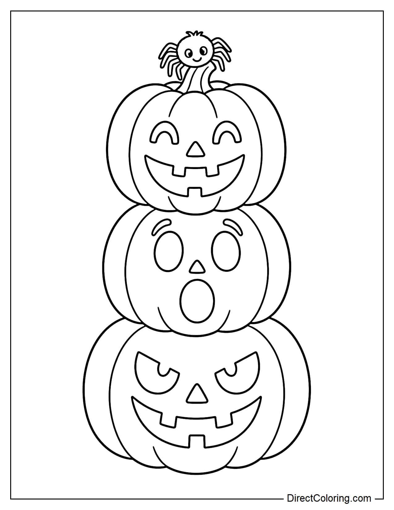 Three large jack-o'-lanterns stacked on top of one another, each with a different expression such as cheerful, surprised, and mischievous, with a small spider on top.