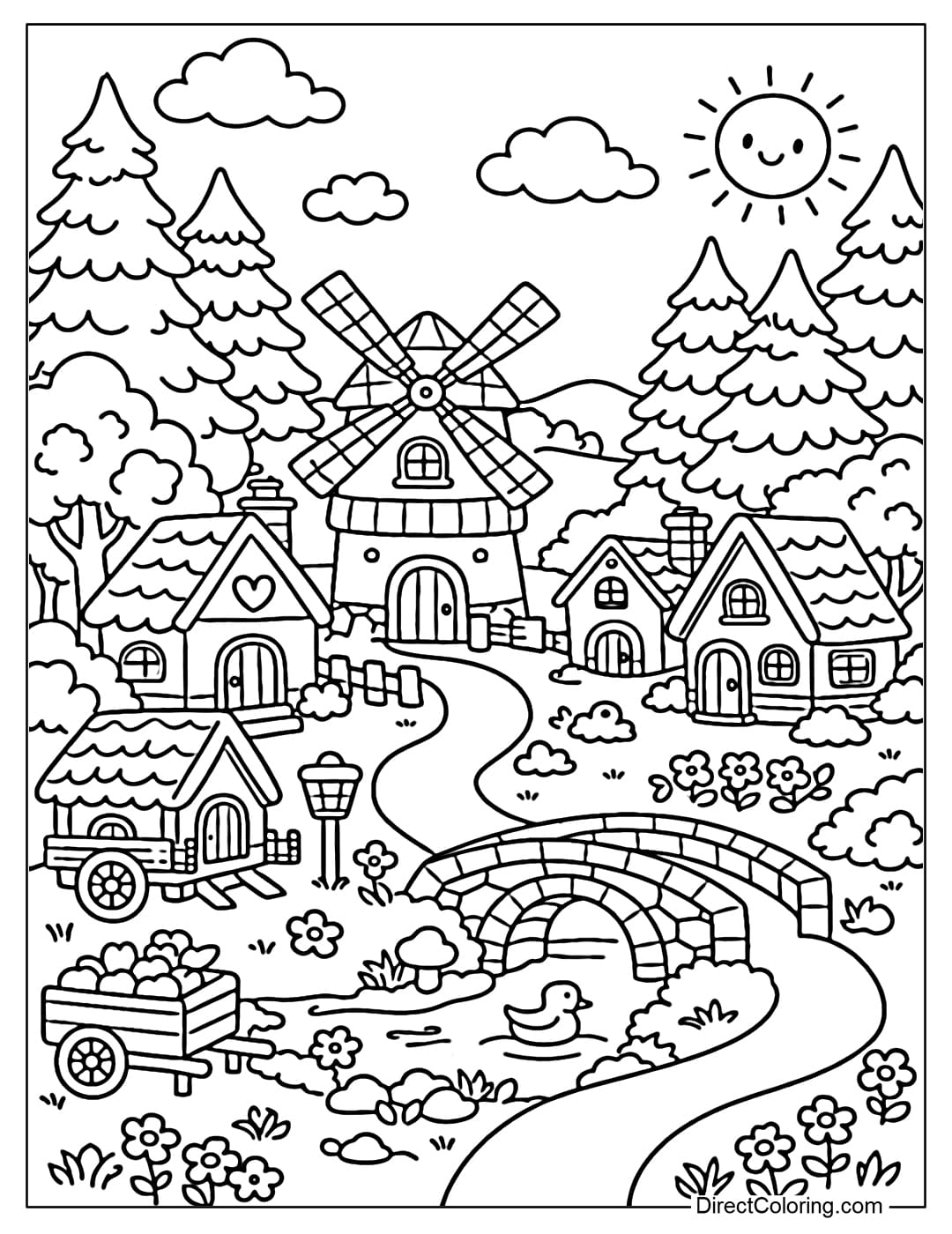 This coloring page shows a village situated on the edge of a forest, surrounded by tall trees.