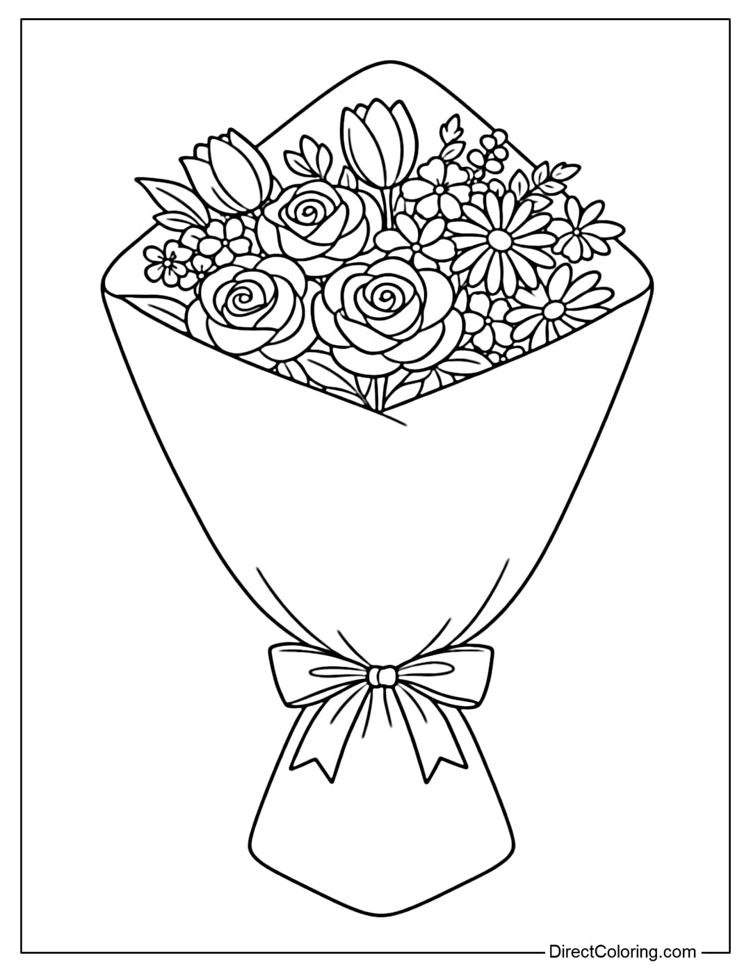 A coloring page of a flower bouquet wrapped in a rounded triangle shape. The wrapping paper takes up a large area, with large flowers on top.