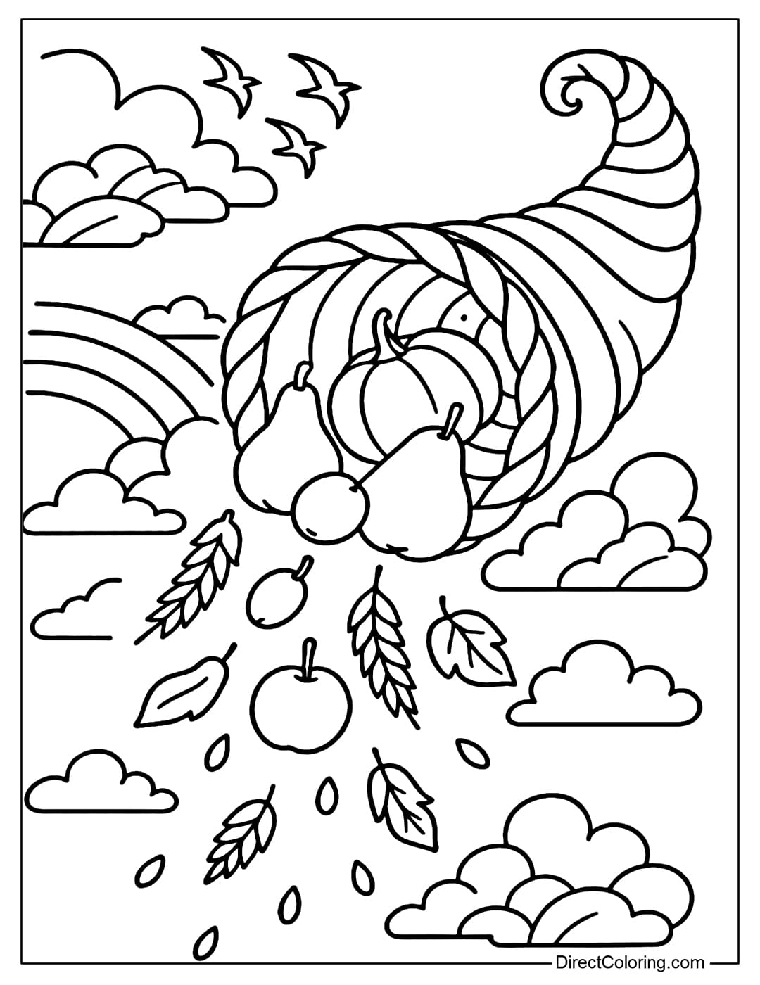 Cornucopia coloring page flying in the sky, fruits and wheat grains falling down.