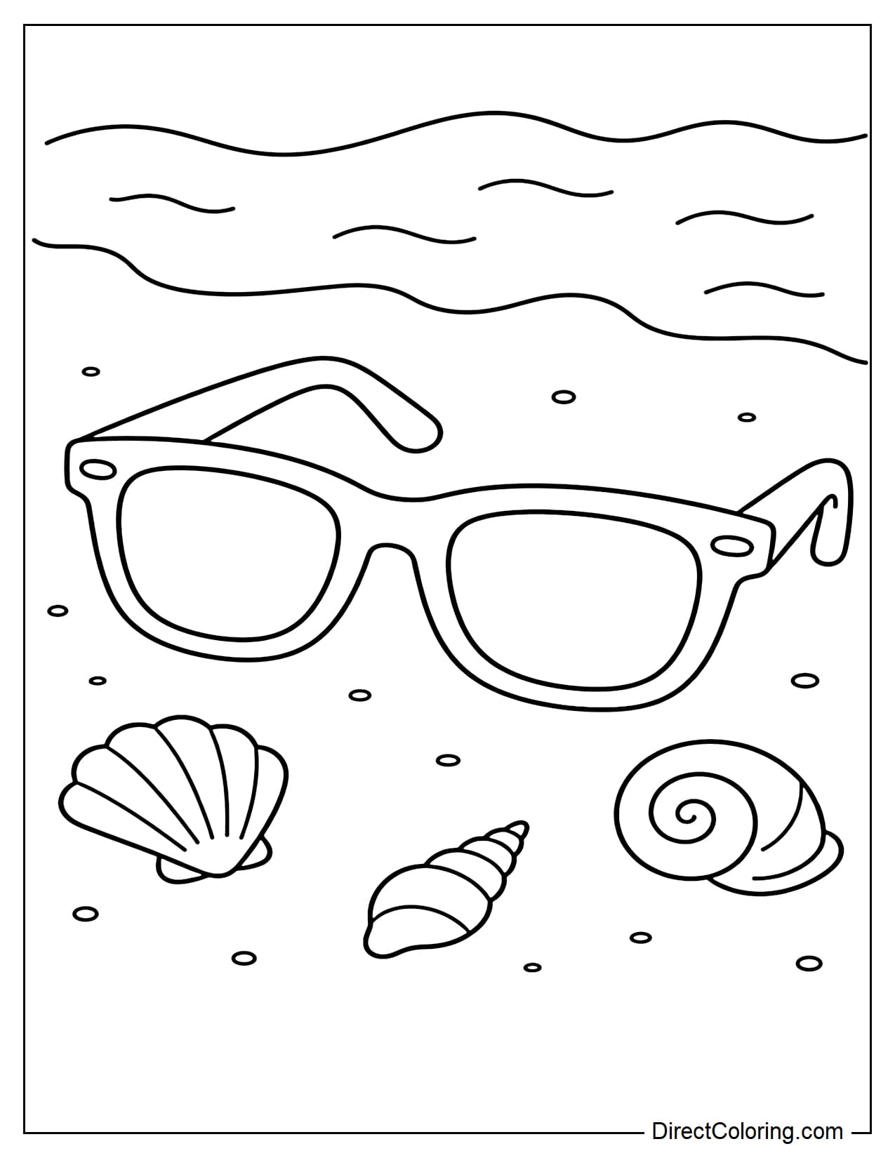 A pair of sunglasses placed on a simple beach, surrounded by a few seashells and gentle waves.