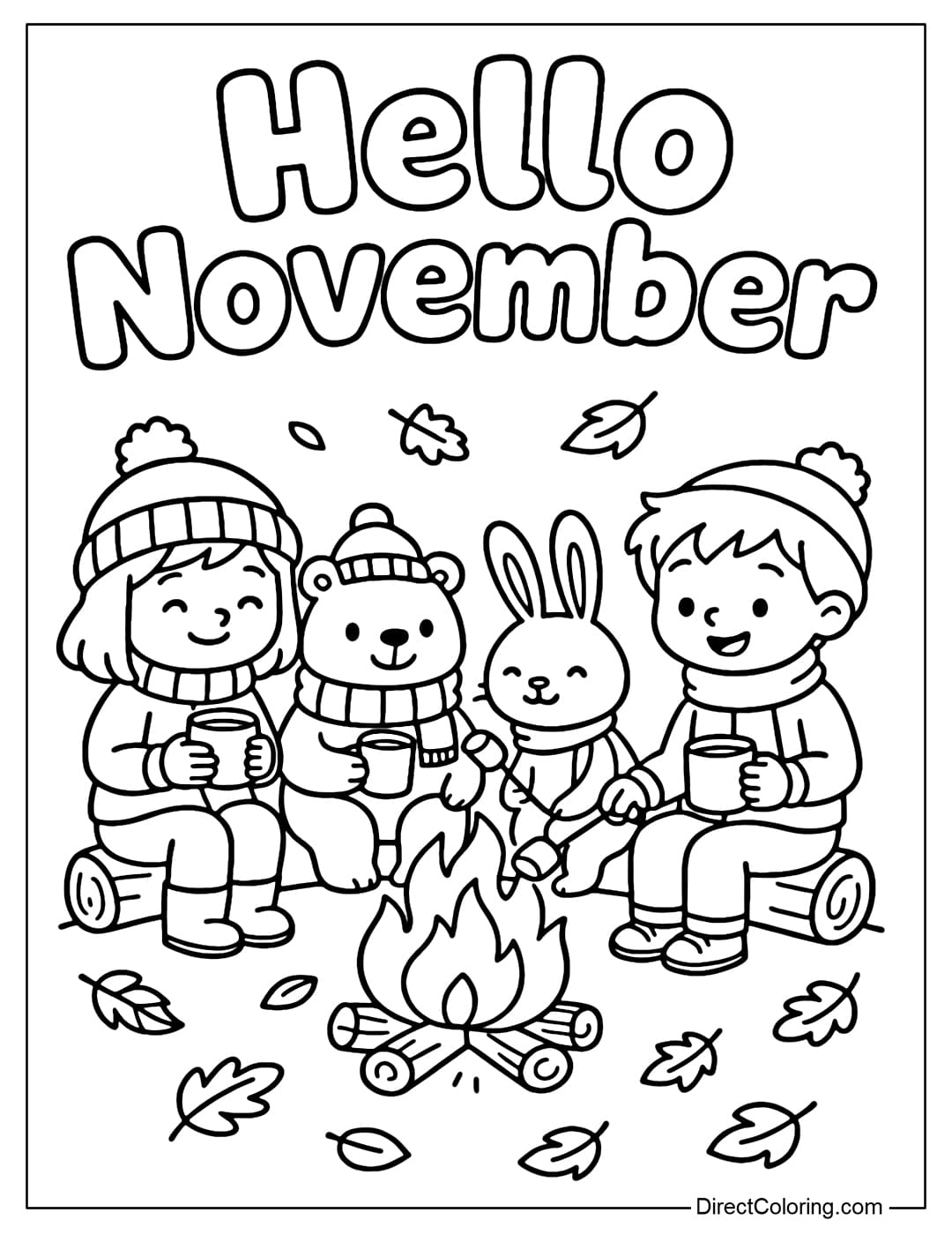 A Hello November coloring page. Below is a group of cute little friends and animals sitting around a campfire.